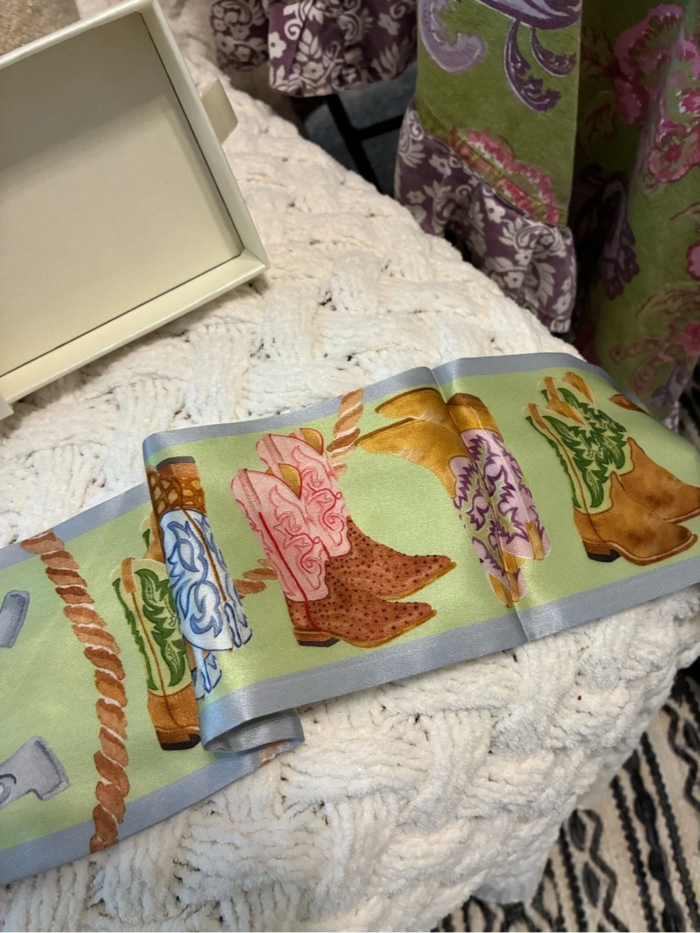 Boot Silk Ribbon Scarf in Pastel Yellow by Catherine Cartie, Fort Worth Artist
